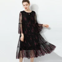 summer new womens loose fashion dresses half sleeve hollow out lace gauze dress round neck high waist high quality elegant dress