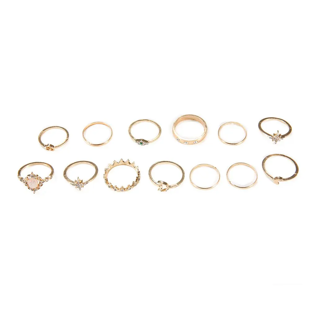 

13 Pcs/set Retro Egg White Stone Crown Diamond Star And Moon Rings Fashionable And Versatile Birthday Gift