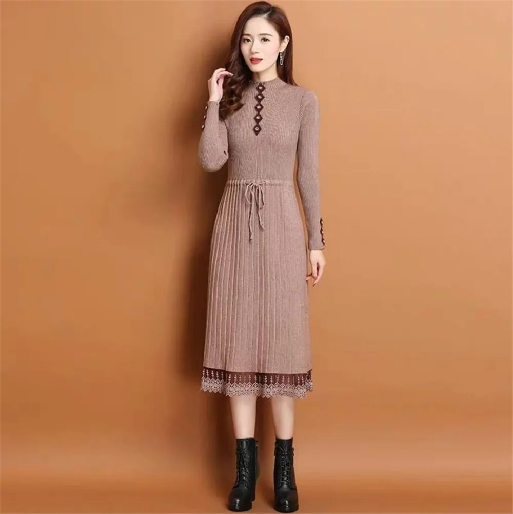 Женское платье Весна осень зима с О образным вырезом длинным рукавом простая