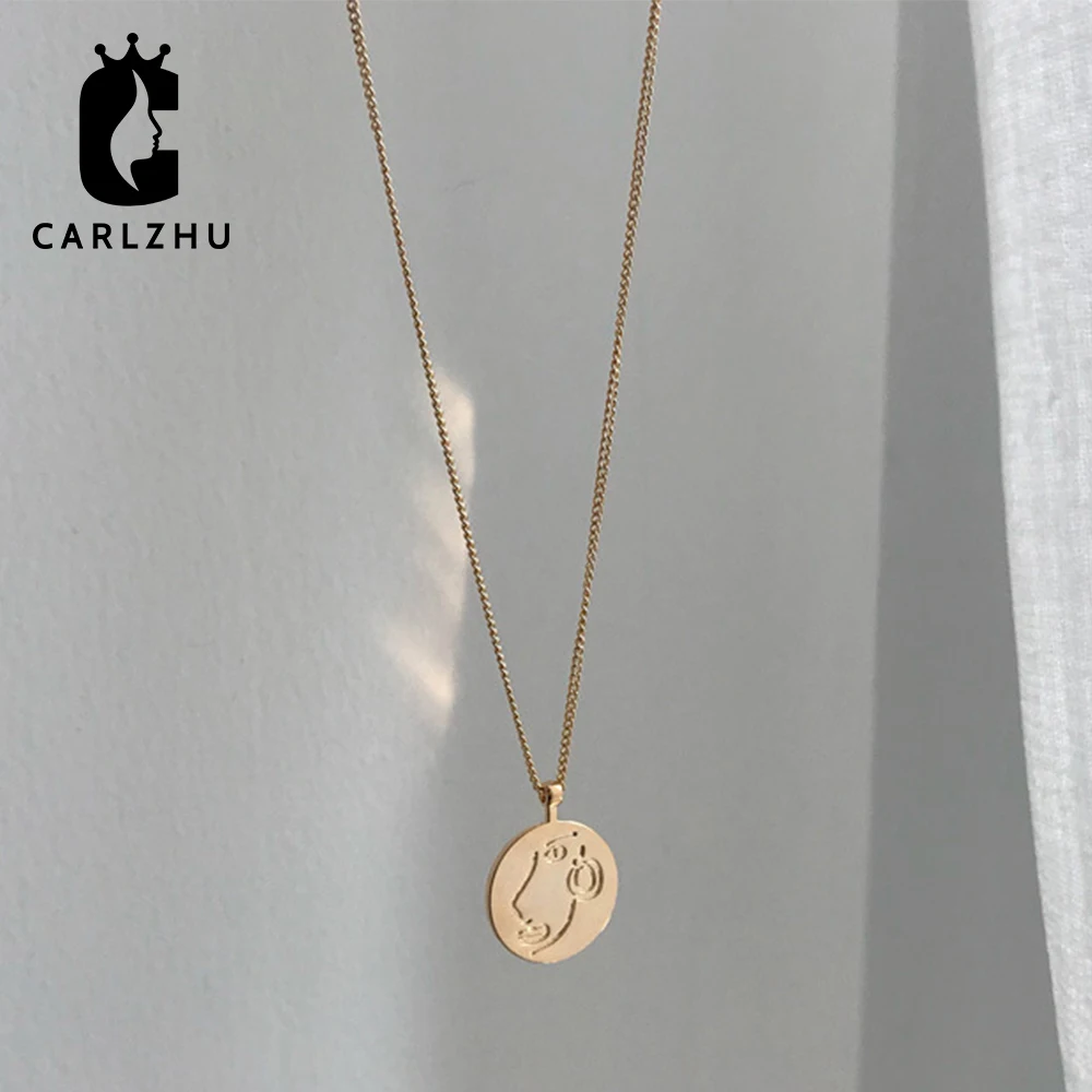 Настоящее позолоченное резное круглое ожерелье с кулоном человеческим лицом для