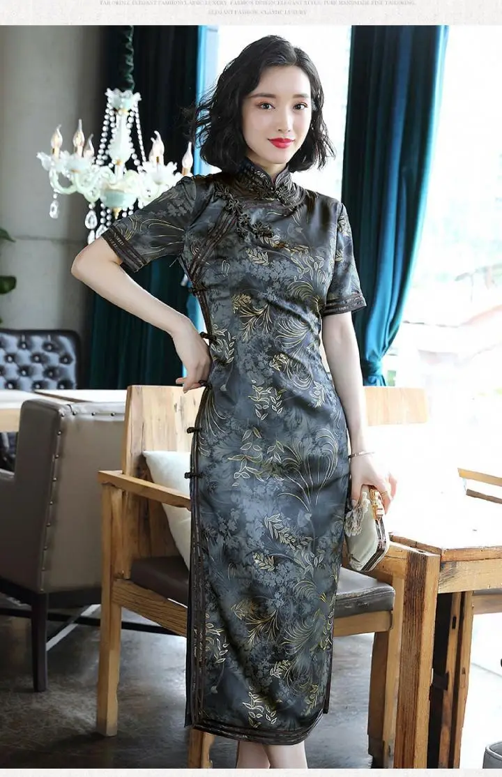 Традиционное женское платье чонсам винтажное облегающее вечернее с принтом