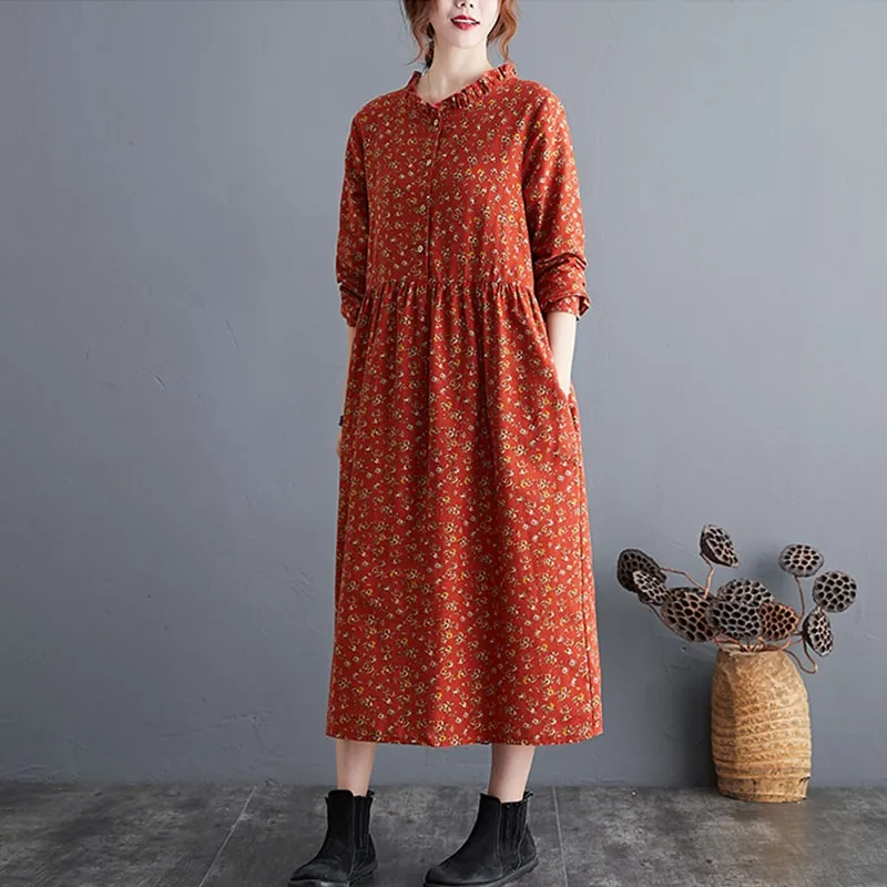 women cotton linen casual long dress new 2020 autumn vintage floral print stand collar ladies elegant a line dresses s2115 free global shipping