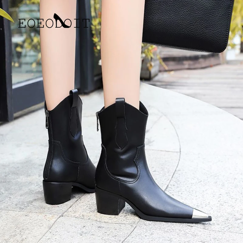 

EOEODOIT Fashion Western Boot Above Ankle Chunky Leather Boots Women Autumn Winter Med Heels Pointed Toe Pumps Botte