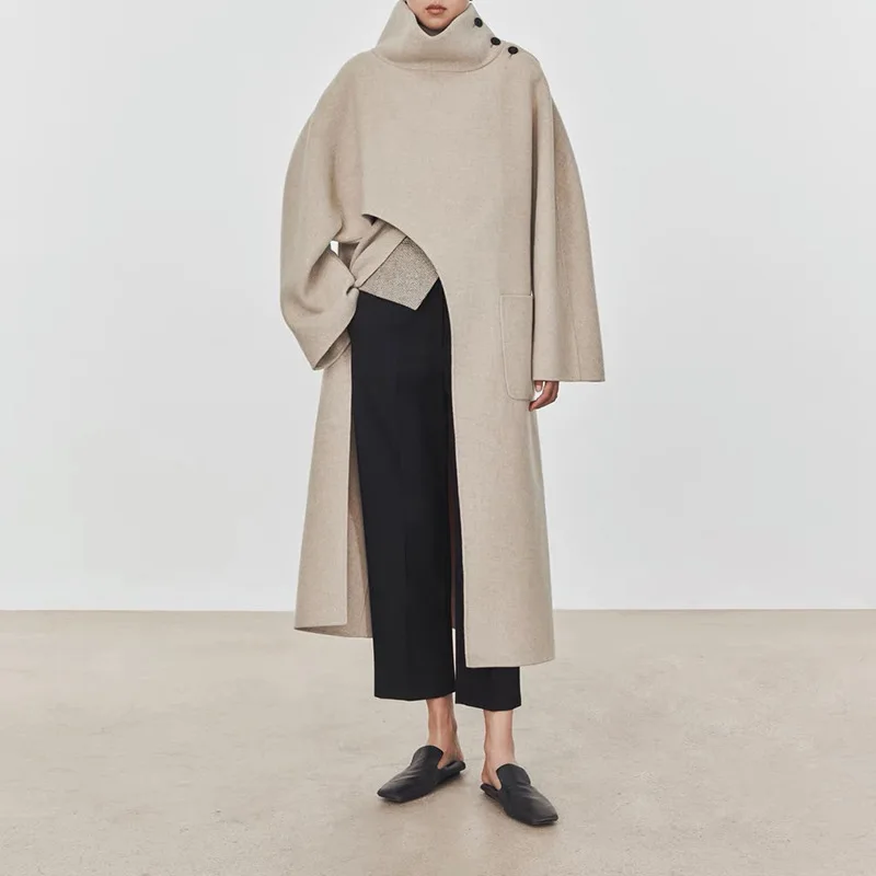 

Осенне-зимнее дизайнерское двухстороннее кашемировое пальто, женская длинная Асимметричная шаль, шерстяное длинное пальто с воротником-ст...