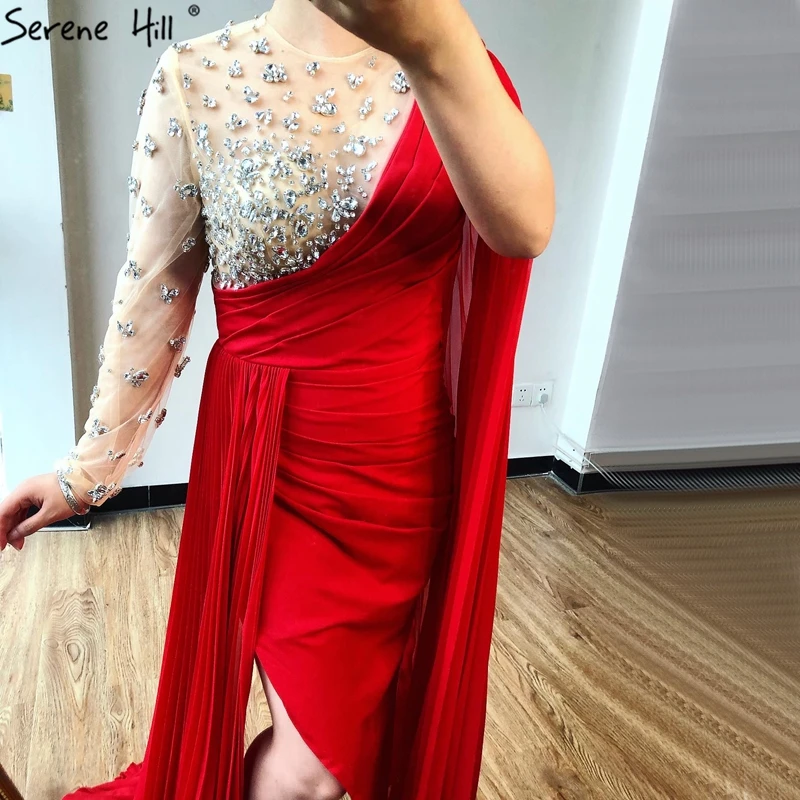 Red One Shoulder Mermaid Sexy Evening Dresses 2021 Long Sleeve Diamonds Satin Formal Dress Serene Hill LA70465 | Свадьбы и торжества