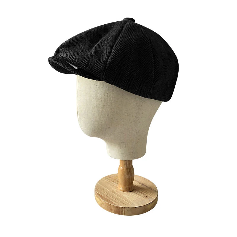 

Black Herringbone Newsboy Cap Wool Polyester Vintage Man Hat With Blade Peaky Blinder Hat Male Octagonal Cap Berets For Men NM04