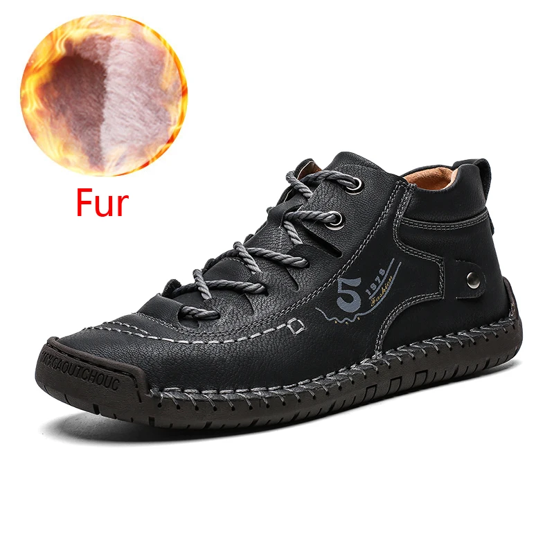 Black Fur Кожаная мужская повседневная обувь; удобные мужские модные прогулочные туфли в британском стиле; большие размеры; цвет коричневый, черный; Мужская мягкая обувь на плоской подошве - Цвет: Black Fur