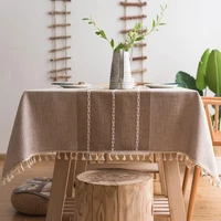 stitching tassel tablecloth heavy weight cotton linen fabric dust proof table cover for kitchen dinning tabletop decoration