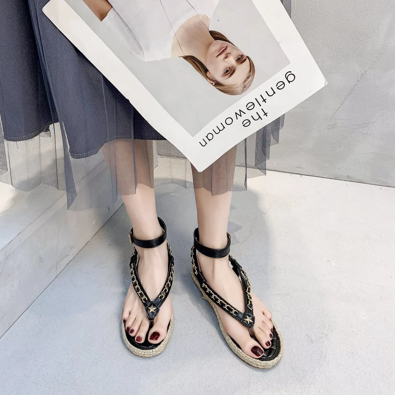 

Fashion Flip-Flop Sandals Women's Shoes 2021 rivet metal Chain zapatillas mujer chaussure femme