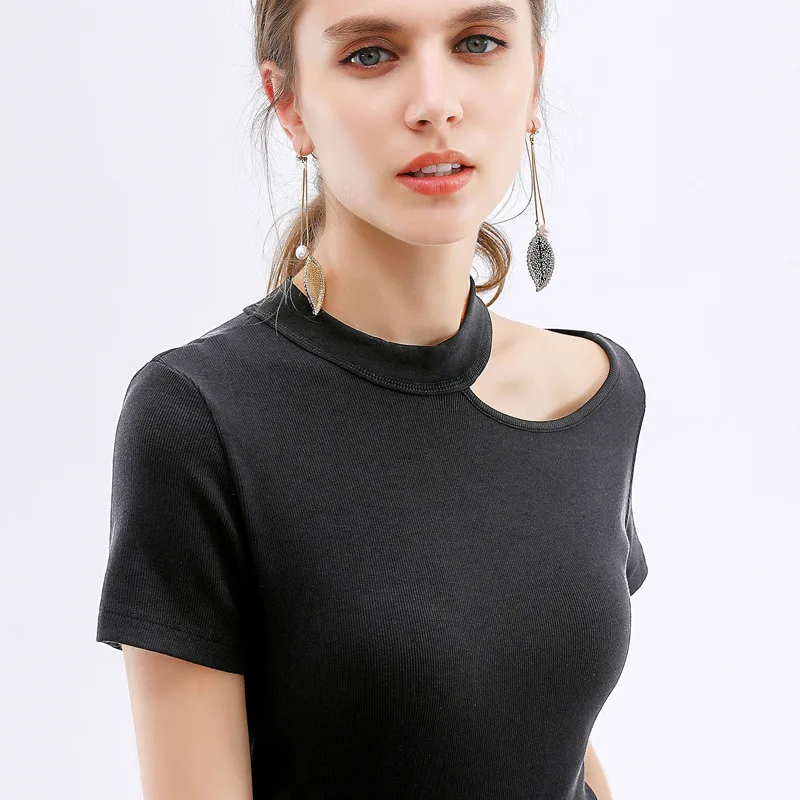 

Off the shoulder T-shirt short sleeve summer women's round neck solid irregular half sleeve T-shirt sexy open collarbone top