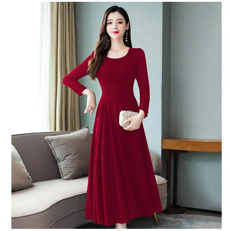 Wine Red Dress Длинное Макси платье осень зима длинный рукав плюс размер шифоновое платье миди винтажное элегантное женское облегающее вечерние платья Vestidos - Цвет: Wine Red Dress