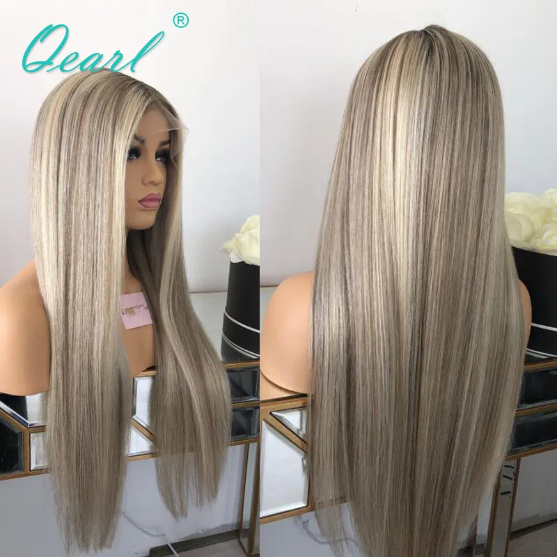 Transparent Full Lace Wig Human Hair for Women Ash Blonde Highlights Lace Wigs Bone Straight Natural Real Remy Hair 150% Qearl