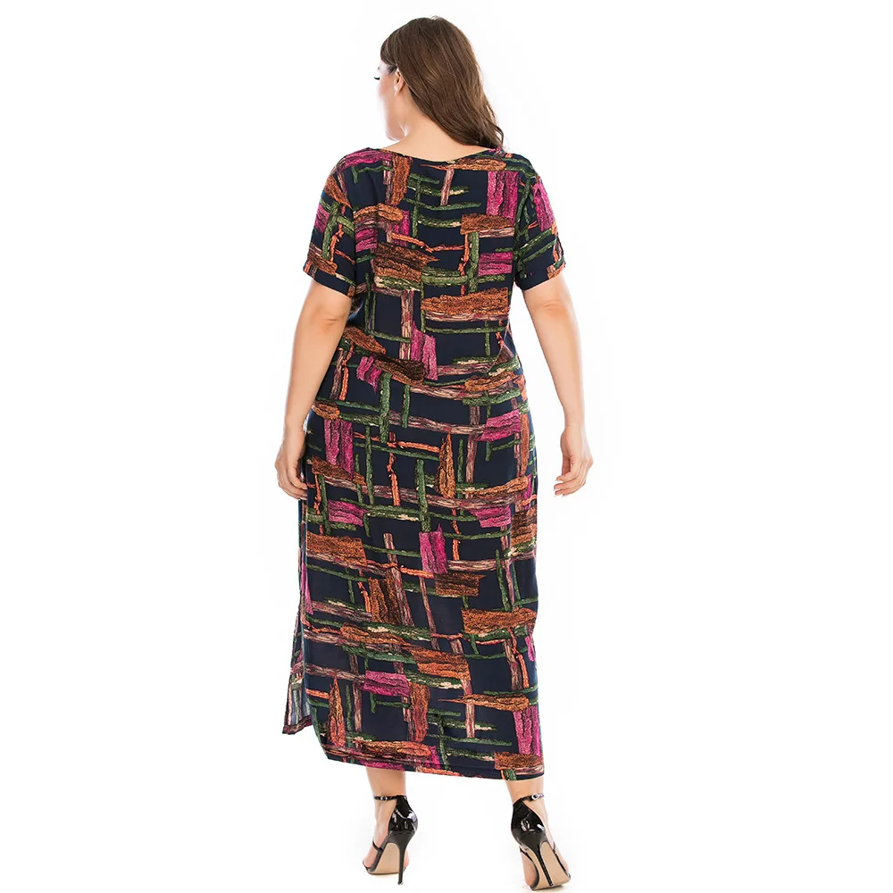 

Maketina Plus Size Dress Women 2020 Summer V Neck Short Sleeve Colorful Plaid Print Casual Dress Elegant Side Split Maxi Dresses