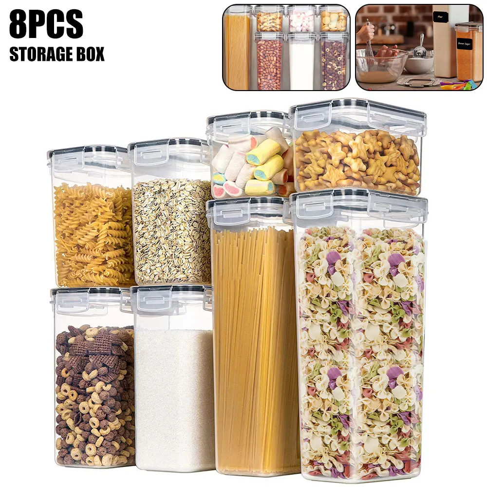 

8pcs Storage Jars Food Storage Container Plastic Kitchen Refrigerator Noodle Box Multigrain Storage Tank Transparent Sealed Cans