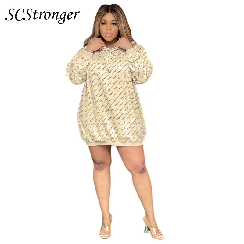 

Autumn And Winter Plus Size Women's Printed Apricot Hooded Loose Hooded Collar Pullover Sweater Dress Plus Tamaño Vestidos De