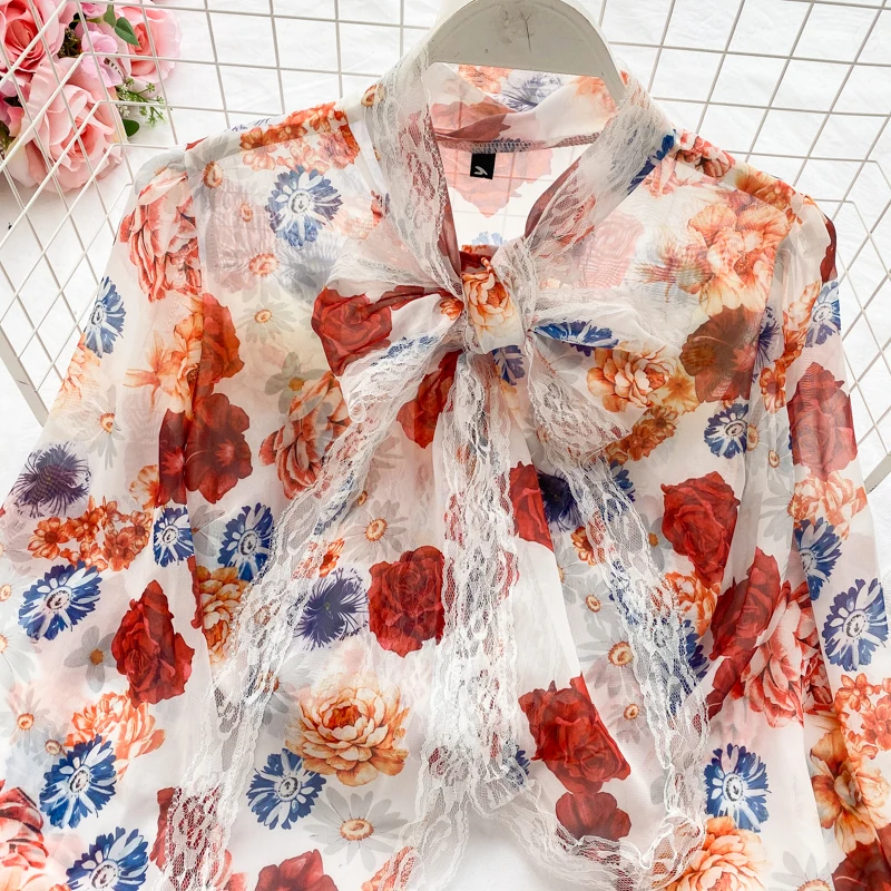 Французский дворцовый ретро-стиль женская дизайнерская блузка с кружевным