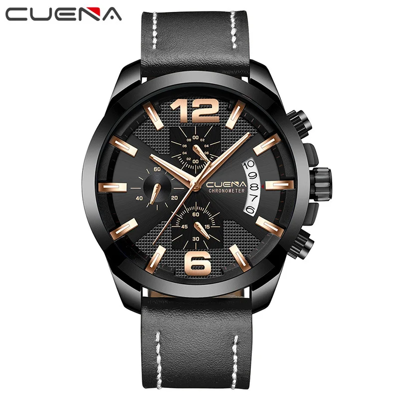 Black-Black CUENA мужские часы кварцевые часы Секундомер светящиеся стрелки из натуральной кожи ремешок наручные мужские часы Reloj Hombre - Цвет: Black-Black