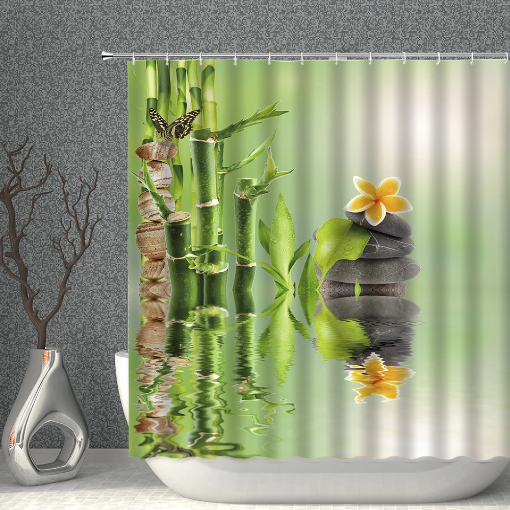 

Zen Shower Curtain Green Bamboo Flowing Water Buddha Flower Goldfish Animal Bathroom Curtain Waterproof With Hooks Home Decor