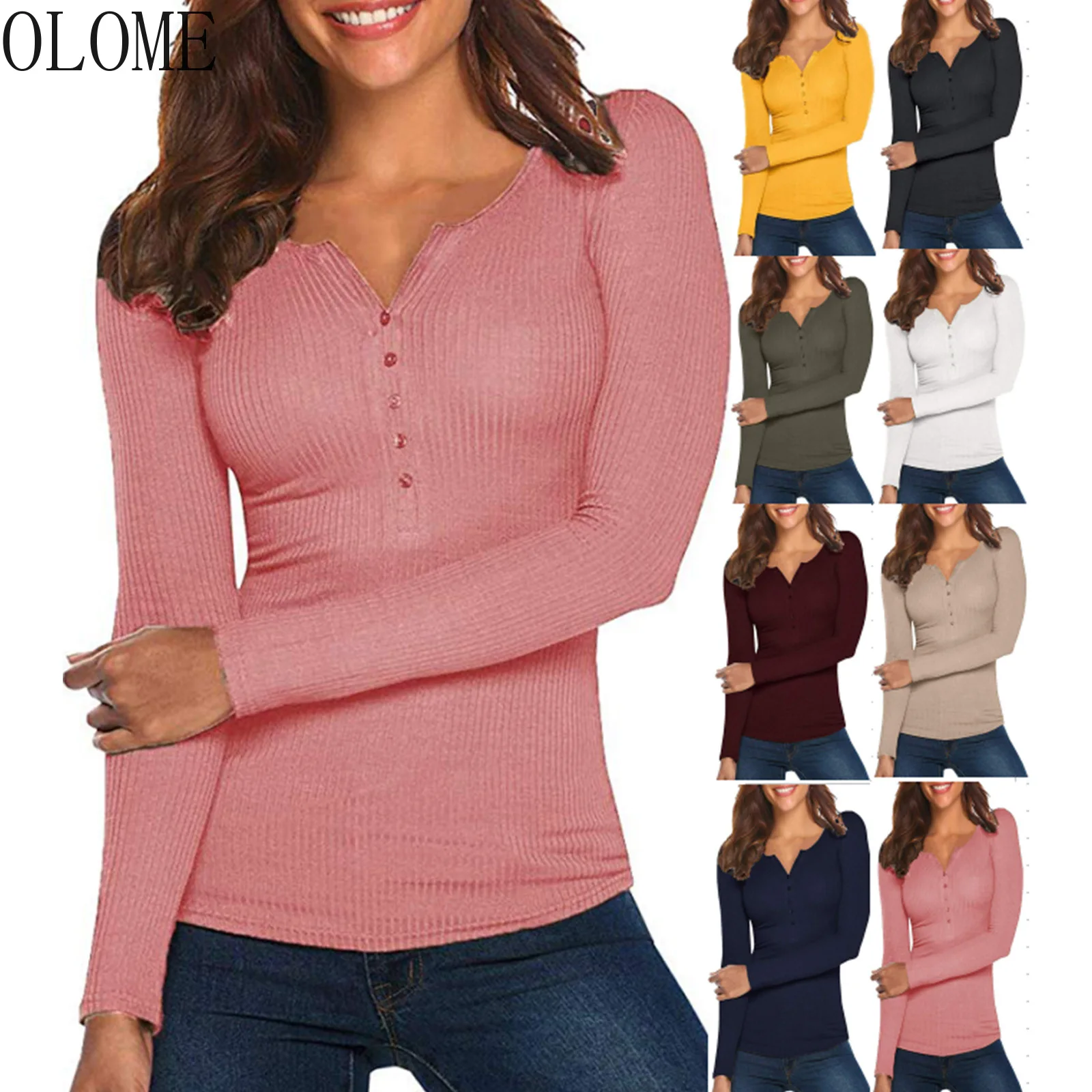 

OLOME Women Spring T-Shirt Solid Color Ribbed Henley Neck Long Sleeve Slim-fitting Pullover For Girls
