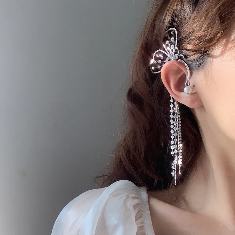 

MENGJIQIAO Single Korean Elegant Butterfly Rhinestone Tassel Arc Ear Hanging Clip For Women Girls No Piercing Ear Cuff Jewelry