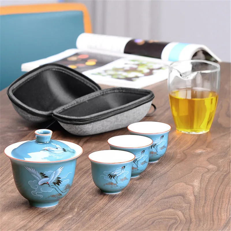 Сине-белый фарфоровый чайный сервиз Gaiwan китайский старинный глазурный