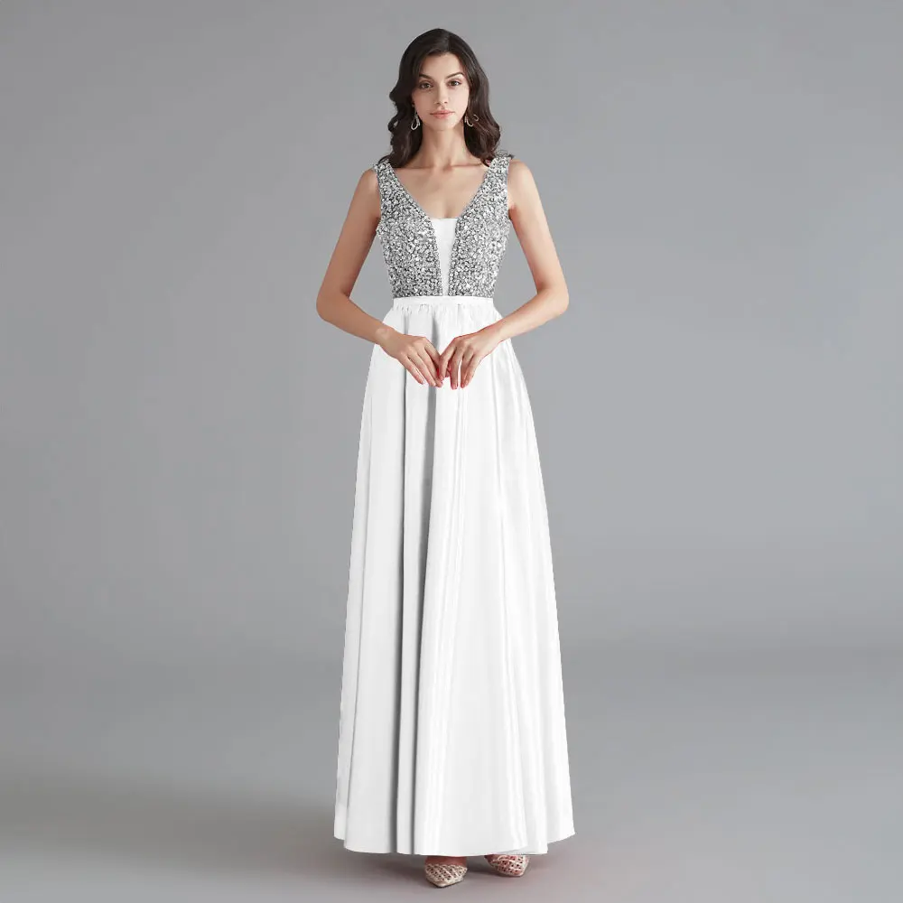 White Beauty Emily,, v-образный вырез, стразы, без рукавов, платья подружек невесты, длинное, на заказ, свадебное платье, Vestido dama de honor - Цвет: White