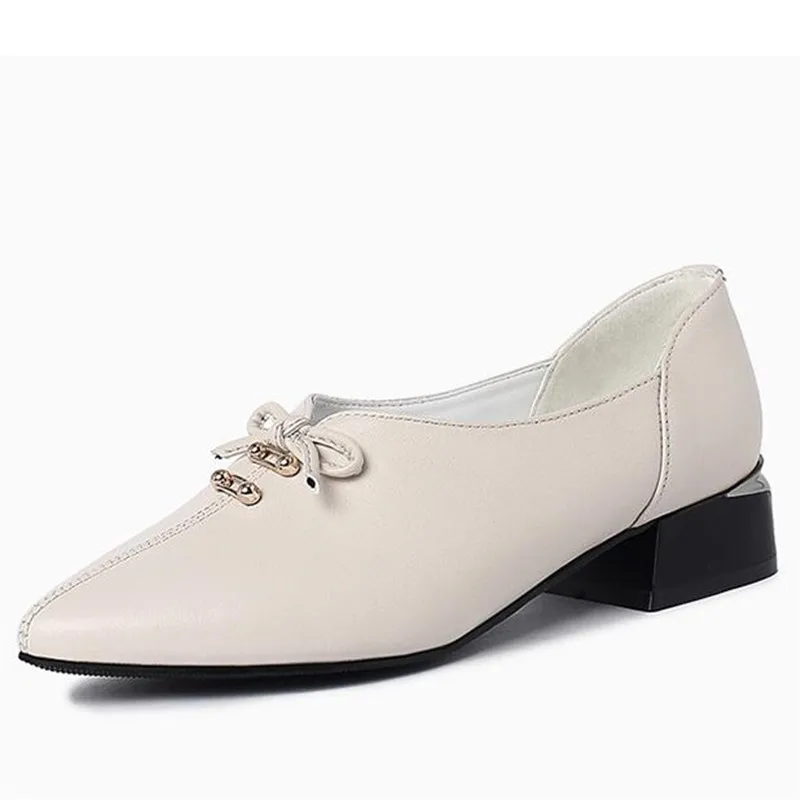 

2022 New Spring Bow Pointed Low-heel Shoes Woman Genuine Leather Shoes Fashion Casual Shoes Elegant Wear Comfort Driving Shoes