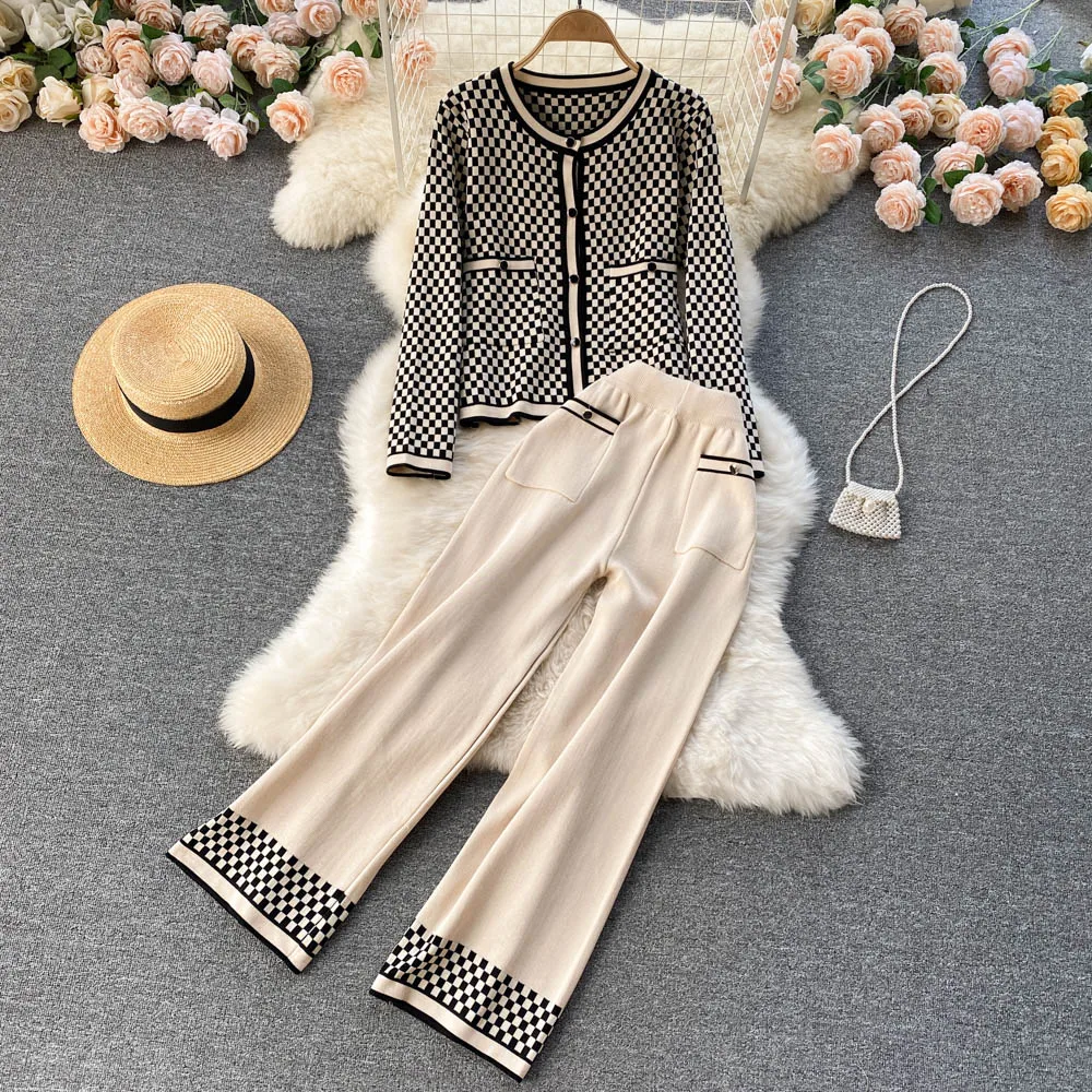 WIGADFHK Autumn Winter Retro Plaid Knitted Set Long Sleeve Knit Cardigan+High Wiats Wide Leg Long Pants Two Piece Suits Women