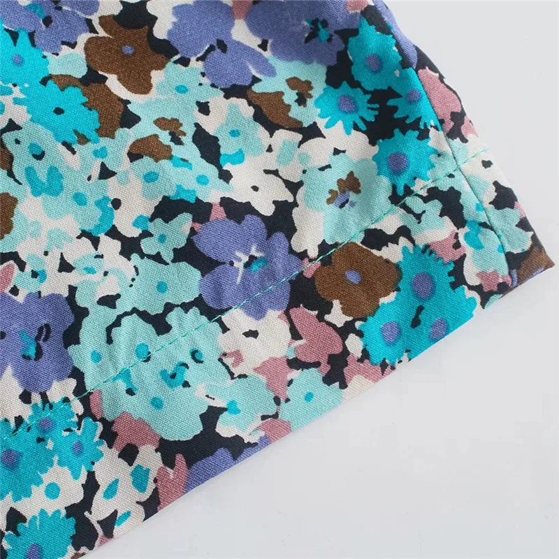 

TRAF Za Floral Female Jumpsuit Blue Short Jumpsuit Woman Summer 2021 Fashion Belt Short Sleeve Casual Overalls Women Playsuits