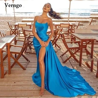 verngo sky blue satin mermaid prom dresses strapless draped high slit sexy evening gowns long beach simple formal party dress