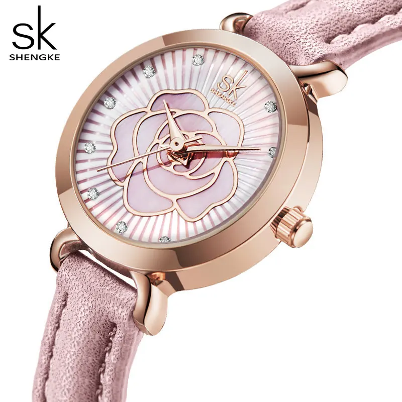 

Shengke Colorful Flower Dial Women Watches Brand New White Watches Elegant Japan Movement Quartz Leather Watch Montre Femme New