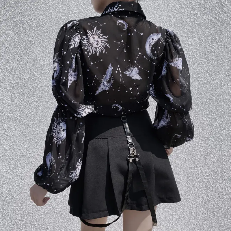 Свободная новая шифоновая рубашка с длинным рукавом принтом луны и звезд|Блузки|