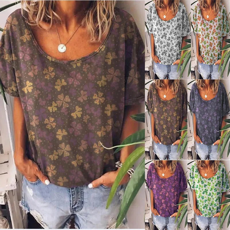 

Women Summer Four-leaf Clover Print Fashion Short-sleeved T-shirt Tops Loose Pullover Casual Round Neck T-shirt Chemisier Femme