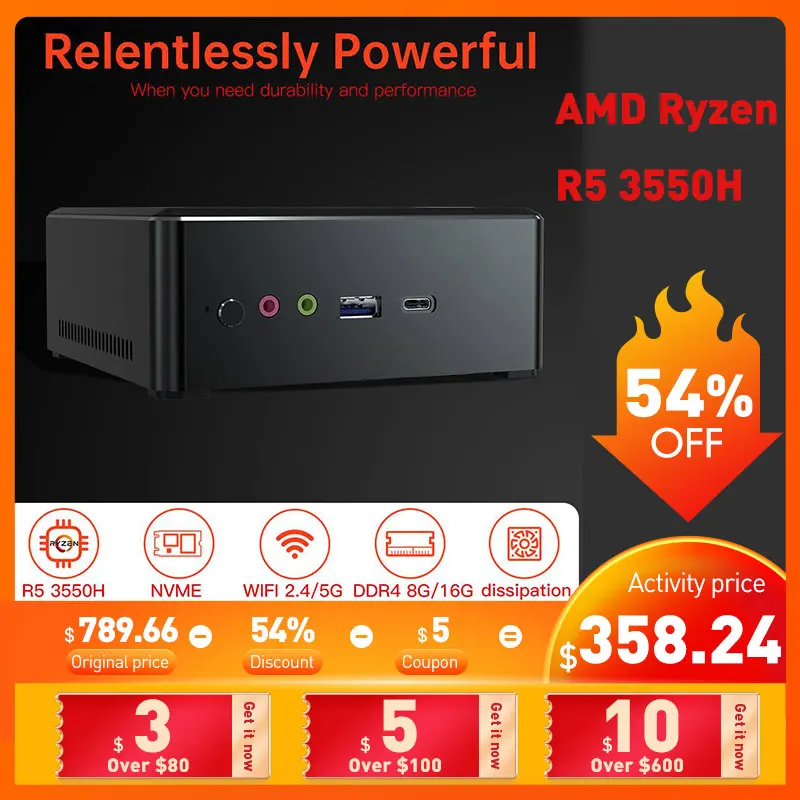 Günstig Computer Mini PC AMD Ryzen 5 3550H Mini PC 8GB DDR4 256GB NVME SSD Desktop Radeon Vega 8 Grafiken 2,1 GHz Zu 3,7 GHz DP HD Typ-C
