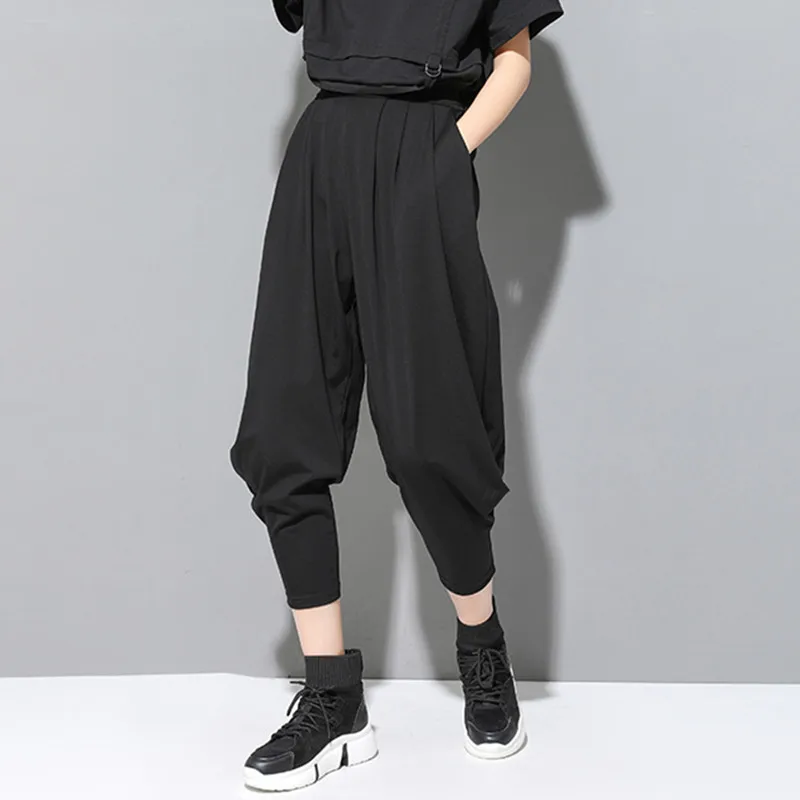 Летние новые женские брюки темно черные свободные штаны больших размеров Тонкие