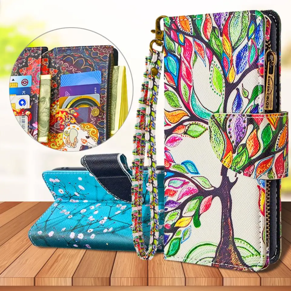 

For Huawei Y5p Y6p Y7p Fashion Pattern Painted Leather Case Lanyard Zipper Bag Wallet Card Holder Stand Flip Mobile Phone Cover