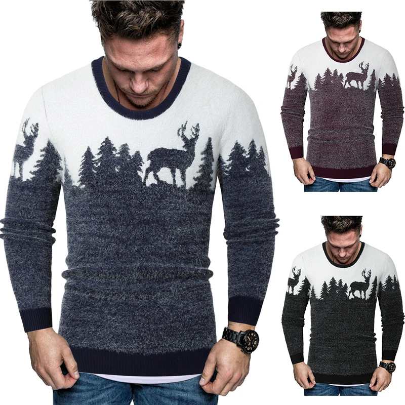 2019 свитер с круглым вырезом Рождественский рисунком оленя мужские тонкие