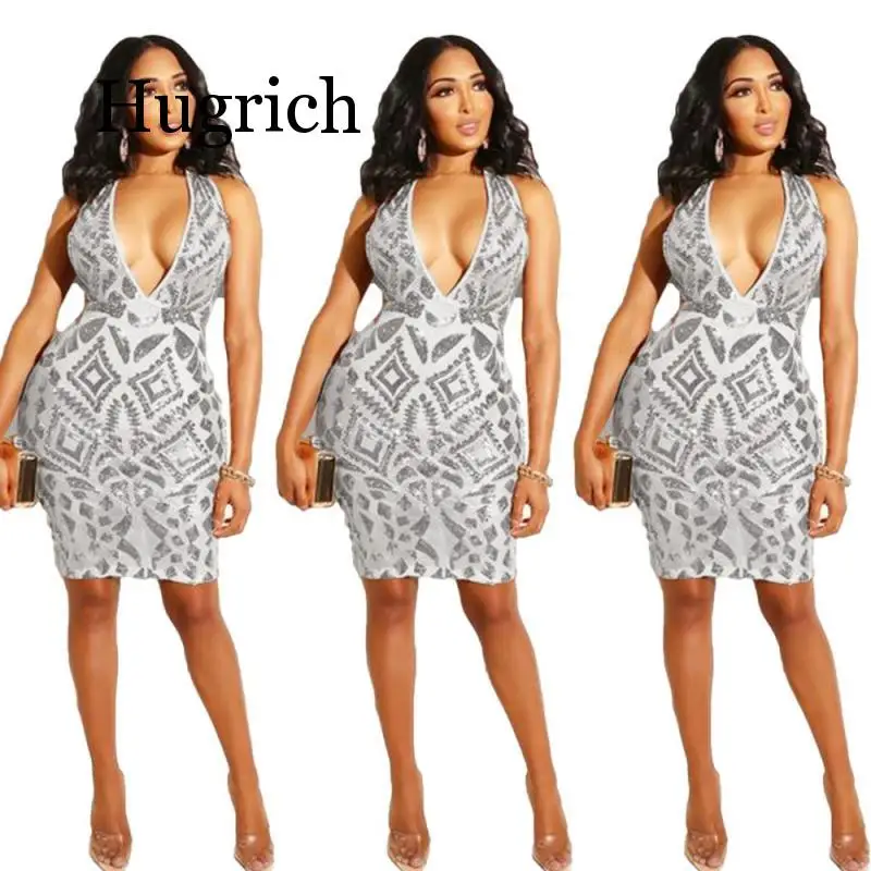 

2020 Sexy deep v neck pencil dress lady sequined spliced mini party dress summer sparkly sleeveless perspective dress 4 colors