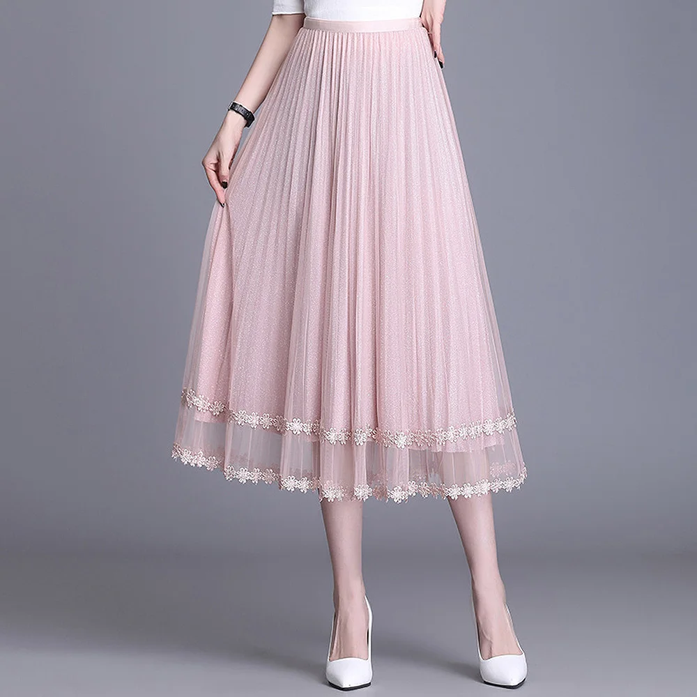

Женская юбка с высокой талией, плиссированная юбка-трапеция до середины икры из тюля в японском и корейском стиле, весна-осень 2021