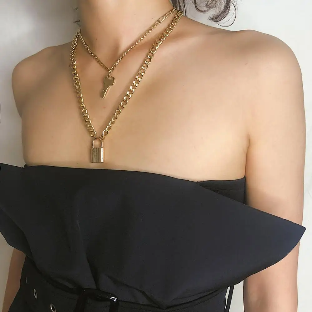 Fashion Key Padlock Pendant Necklace for Women Gold/Silver Lock Layered Chain on the Neck With Punk Jewelry | Украшения и