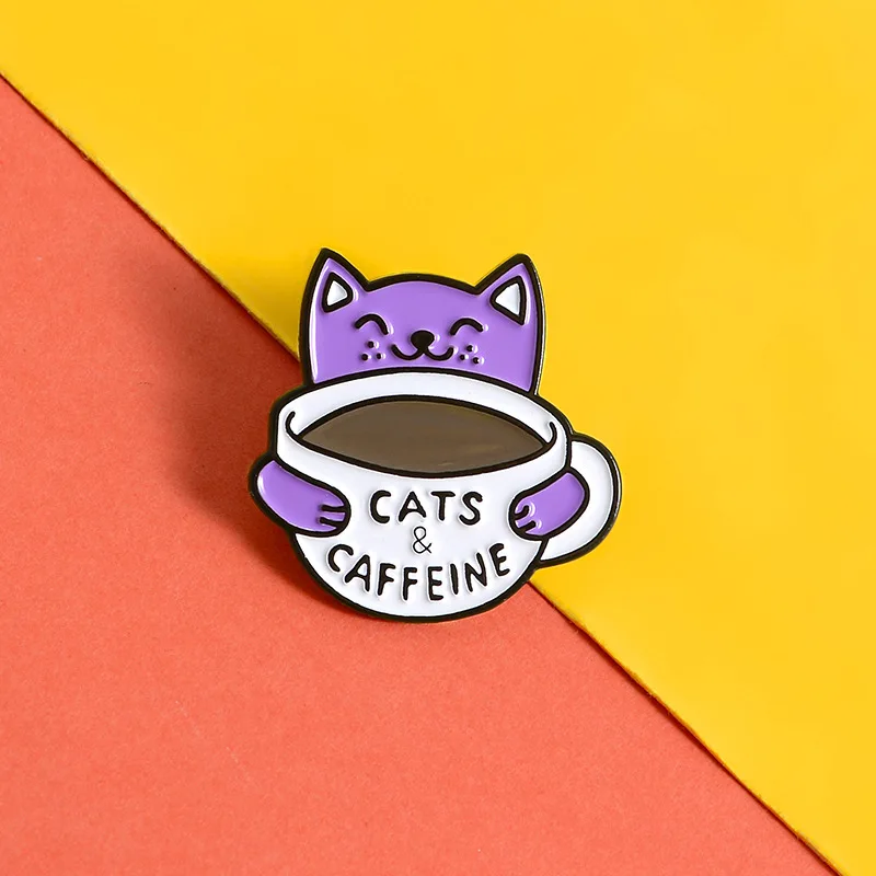 2020 cute cat &amp coffee cup enamel pin custom animal brooch and caffeine badge bag lapel buckle jewelry gift to friend | Украшения и