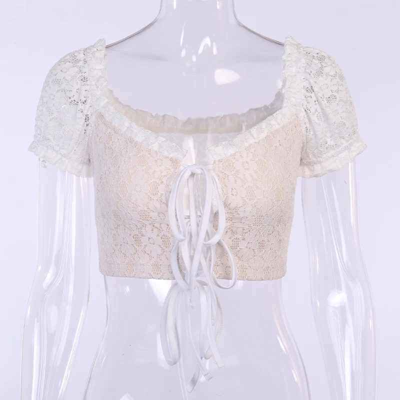 

White Lace Crop Tops Women Front Bandage Lace up Hollow Out Short Sleeve V-Neck Sexy Slim Lace Cropped Top