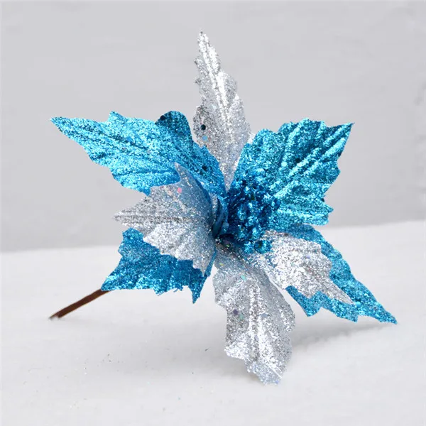 22CM blue silver 15 шт. 14 см/22 см Рождественский цветок со стеблем высокого качества рождественские цветы декоративный искусственный цветок золотые серебряные елки украшения - Цвет: 22CM blue silver