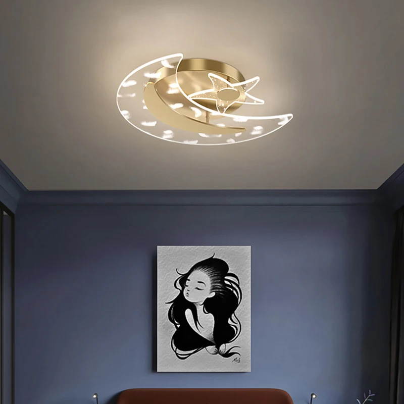 

Nordic Golden LED Chandelier Crown Moon Round Styles Living Room Lamps with Feather Creative Master Bedroom Room Iron Lighting