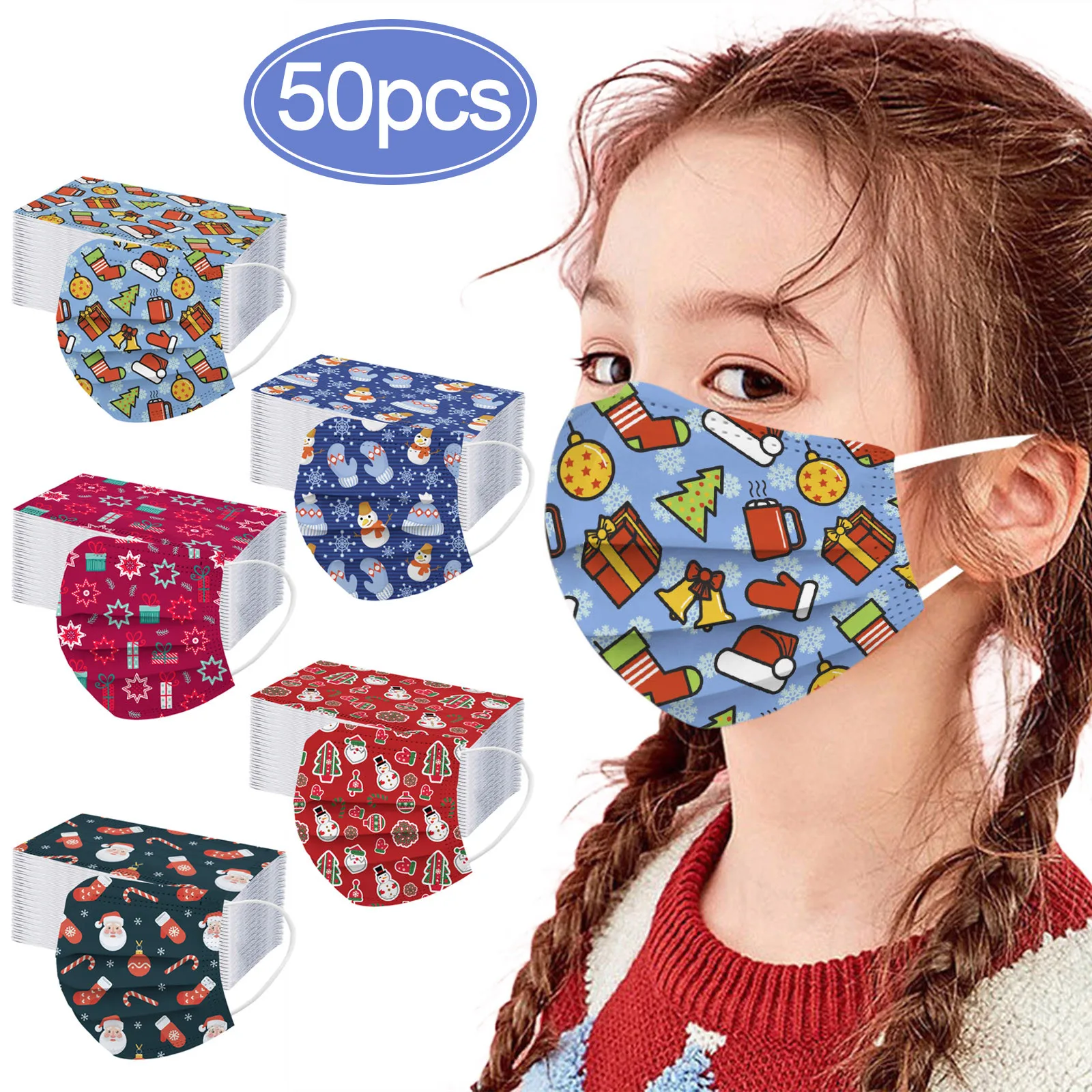 

10/50pcs Kids Face Mask For Kid Christmas Printed Xmas Disposable Protective Masks New Year 2022 Halloween Cosplay Маска Masque