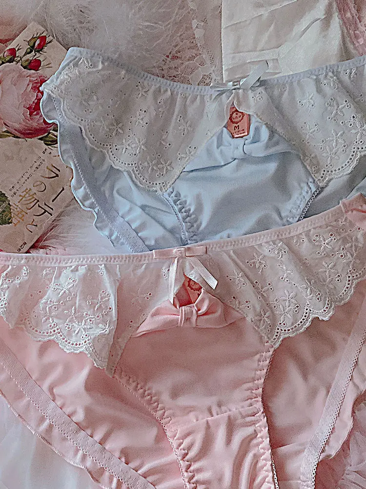 Трусы женские в японском стиле мягкие милые пикантные кружевные с заниженной