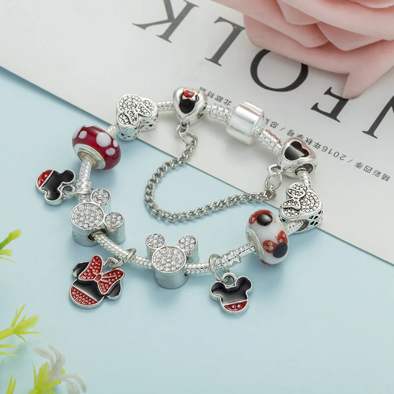Kawaii Mickey, Круглые Эмалированные Симпатичные Бусины, европейский браслет, любовь, браслеты с изображением единорога, безопасная цепочка, браслеты для женщин, девочек, детей, ювелирные изделия