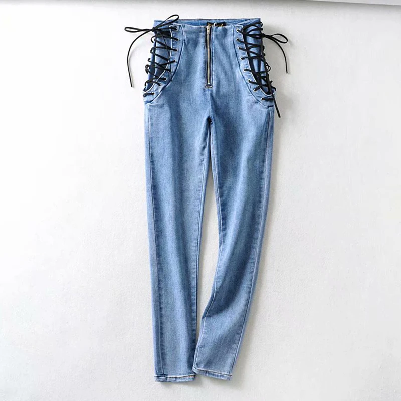 

Slim Pencil Nine Points Pants Net Red Sexy High Waist Strap Zipper Jeans Woman Spring Korean Version of The Large Size
