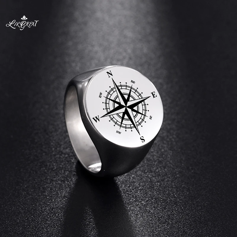 

LIKGREAT Gothic Viking Compass Men's Stainless Steel Rings Self Defense Punk Massive Finger Ring Vintage Male Jewelry 2021 Trend