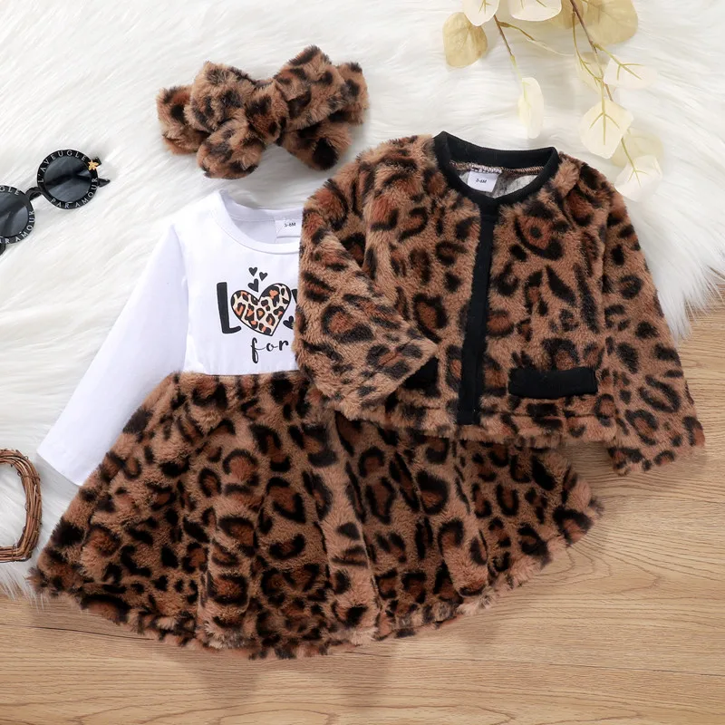 Autumn Winter Toddler Girls Letter Leopard Print Fur Patchwork Long Sleeve Dress Jacket Tops Headband Baby's Clothing Sets